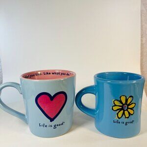 Life Is Good Ceramic Mug Set of 2 Heart & Flower Designs "Do what you like."